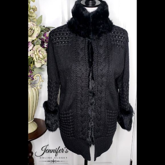 Essentiel Antwerp Black Wool Cable Knit Faux Mink Trimmed Cardigan - Picture 1 of 13